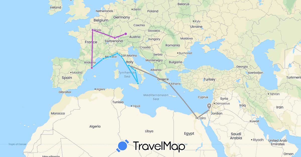 TravelMap itinerary: plane, train, boat in Switzerland, Germany, Egypt, Spain, France, Greece, Israel, Italy (Africa, Asia, Europe)
